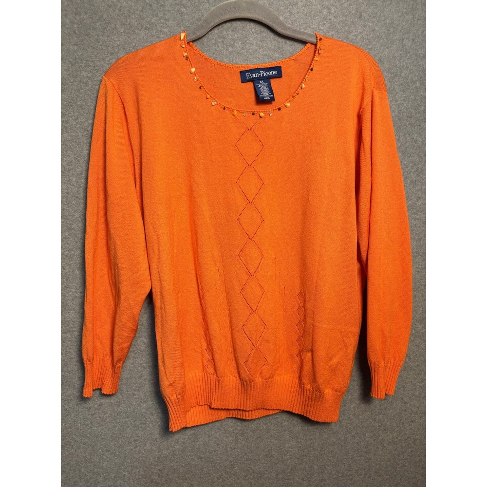 Evan Picone Beaded Sweater XL Orange‎ Embellished Y2K Cottagecore Boho